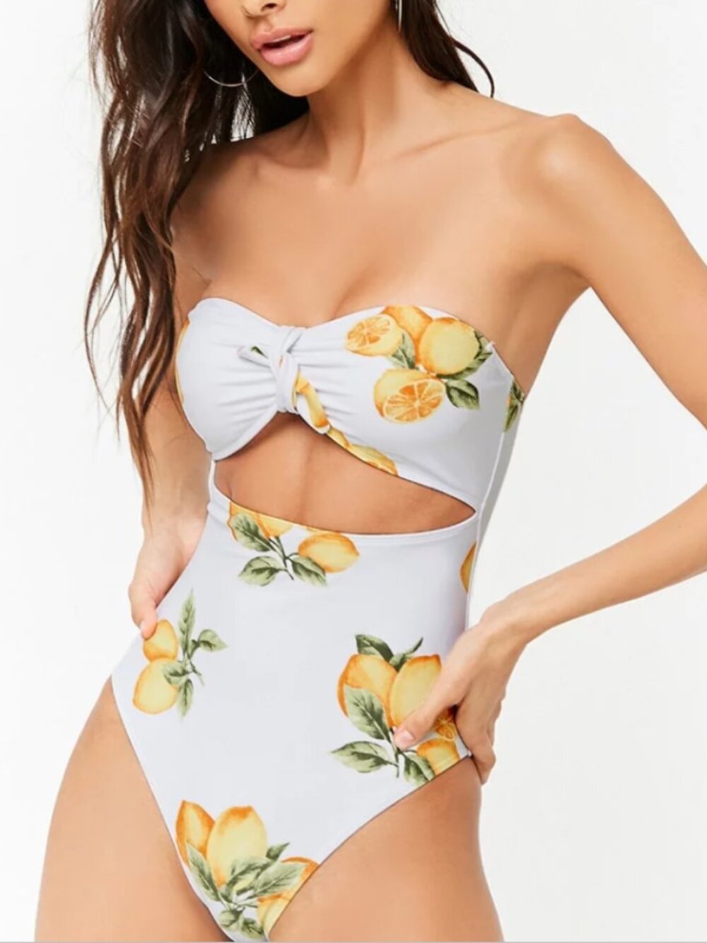 F21 White Yellow Lemon Print Cut Out Bow Strapless Bandeau Swimsuit